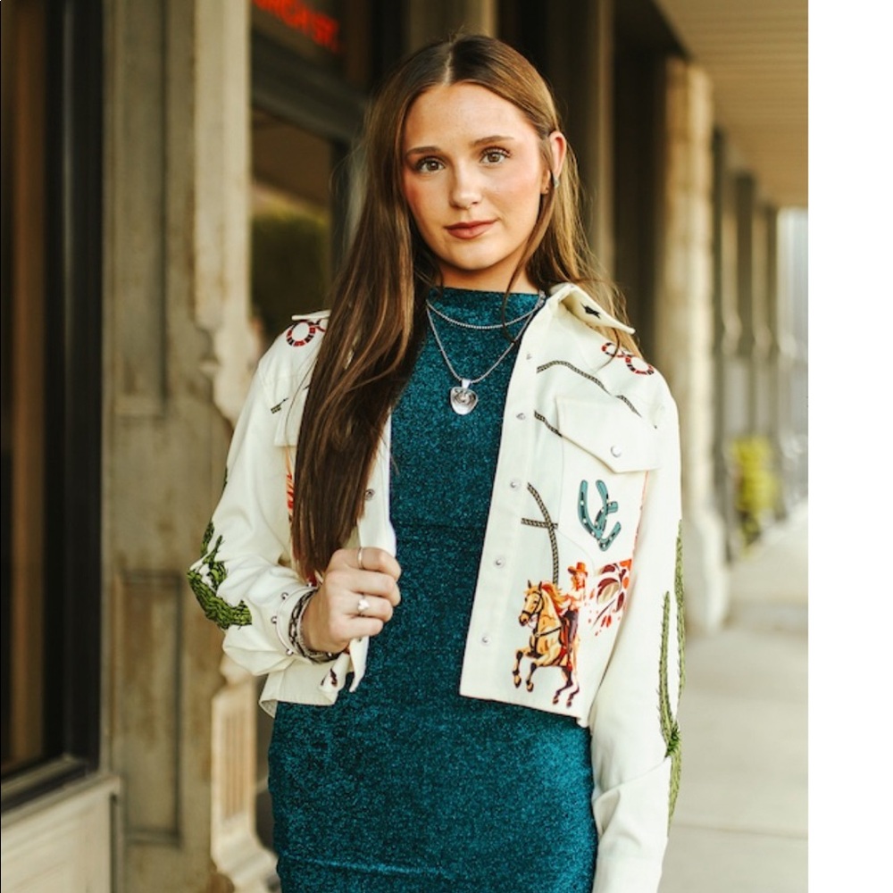 Beige Rodeo Cowgirl Cactus printed oversized crop shirt